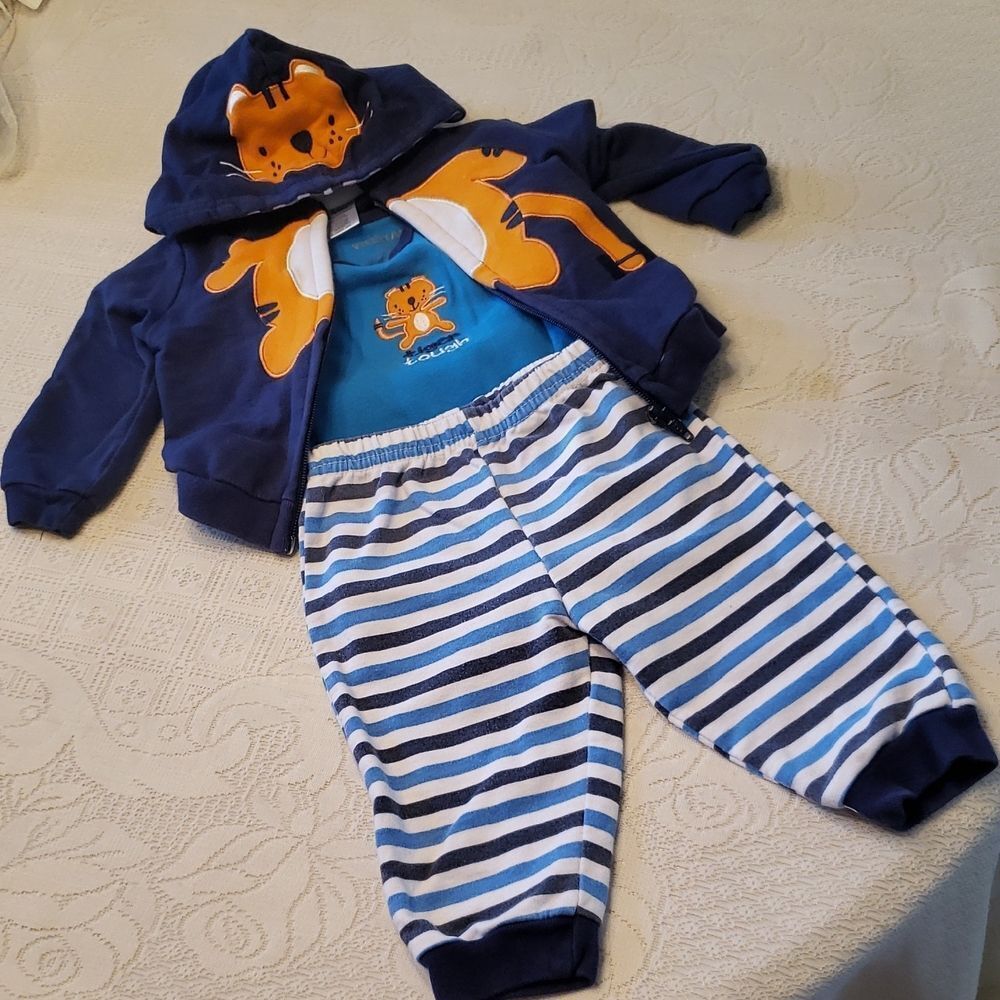 Weeplay "Tiger Tough" 3 Pc Outfit - Pants Shirt Hooded Sweatshirt Sz 6-9 Mos